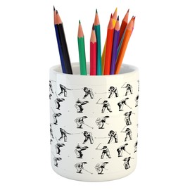 Ambesonne Golf Pencil Pen Holder, Golf Swing Shown in 14 Stages Sports Hobby Themed Sketch Art Storyboard Print, Ceramic Pencil Pen Holder for Desk Office Accessory, 3.6" X 3.2", White Grey