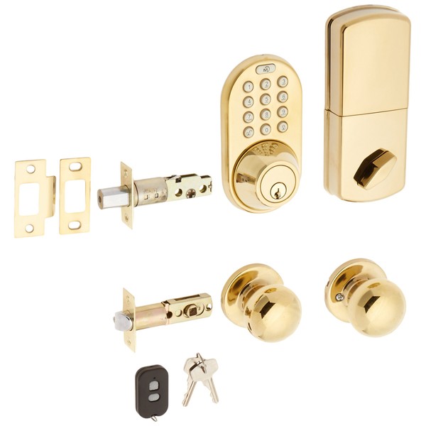 MiLocks XFK-02P Digital Deadbolt Door Lock and Passage Knob Combo with Keyless Entry via Remote Control and Keypad Code for Exterior Doors, Polished Brass