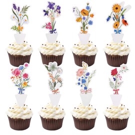 40pcs Wildflower Cupcake Toppers, 8 Designs Flower Birthday Party Decorations Double-Sided Floral Baby Shower Cupcake Picks Decor for Girls Women Summer Spring Wedding Tea Party Supplies