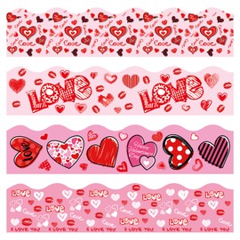 ​Quera 45.9ft Valentine Heart Bulletin Board Border Scalloped Border Sticker Valentine Self Adhesive Decorative Bulletin Trim for Party Classroom Wall Decor 4 Styles 40 Pieces​