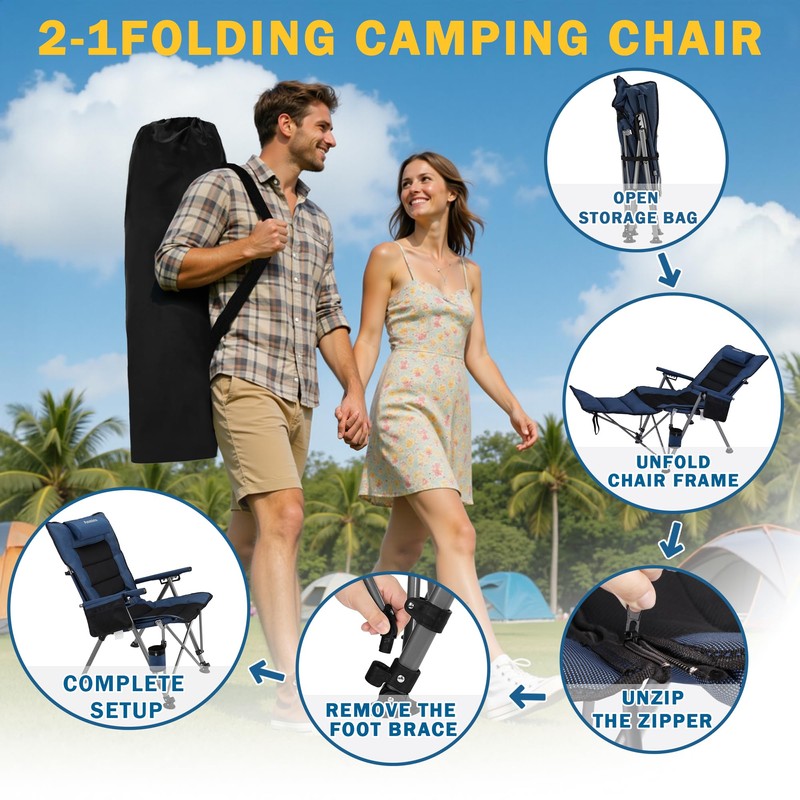 Folding Reclining Camp Chair with Footstool for Camp, Picnic, Lawn,