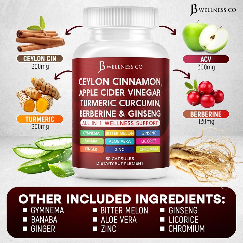 Ceylon Cinnamon, Turmeric, ACV, Ginseng, Aloe Vera, Berberine Plus Banaba,