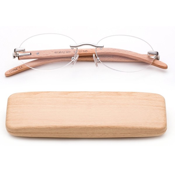Newbee Fashion- Lightweight Real Wood Temple Reading Glasses Stylish Rimless Design Oval Shape Spring Hinge Comfortable Fit with Case Wood Reading Glasses for Women