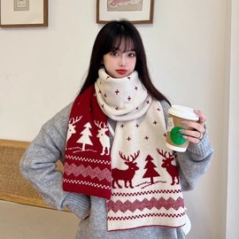 Christmas Gift Deer Pattern Winter Warm Knit Scarf for Women/Couples Free Size / Deer Scarf Red - 140*22cm 2ea