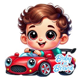 Baby On Board Sticker, Car Essentials - 1 Pack, 7" by 7" - Cute - Cartoon Safety Signs - Non Magnet - Cute-Durable Strong Adhesive (Red Sports Car)