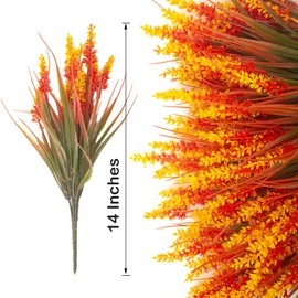 20 Bundles Artificial Plants Outdoor Fake Monkey Grass with Flowers (Fall Red)