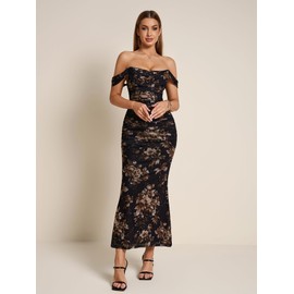 KUTUMAI Off The Shoulder Maxi Long Dress Corset Ruched Bodycon Formal Wedding Guest Dresses for Women BlackFloral L