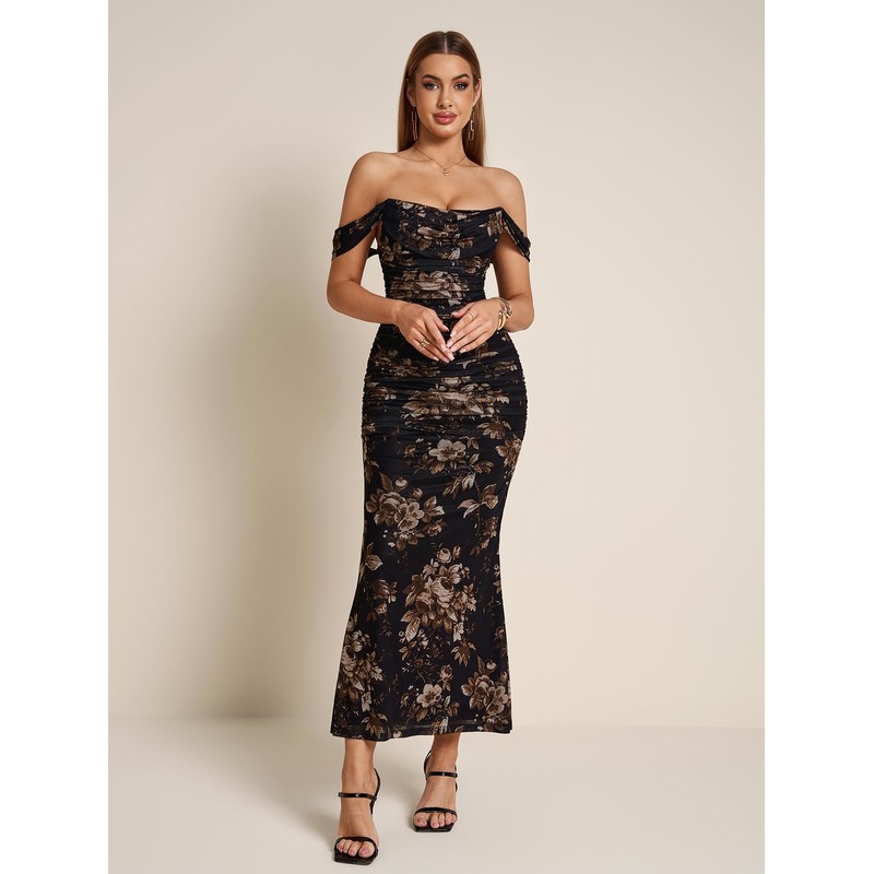 KUTUMAI Off The Shoulder Maxi Long Dress Corset Ruched Bodycon