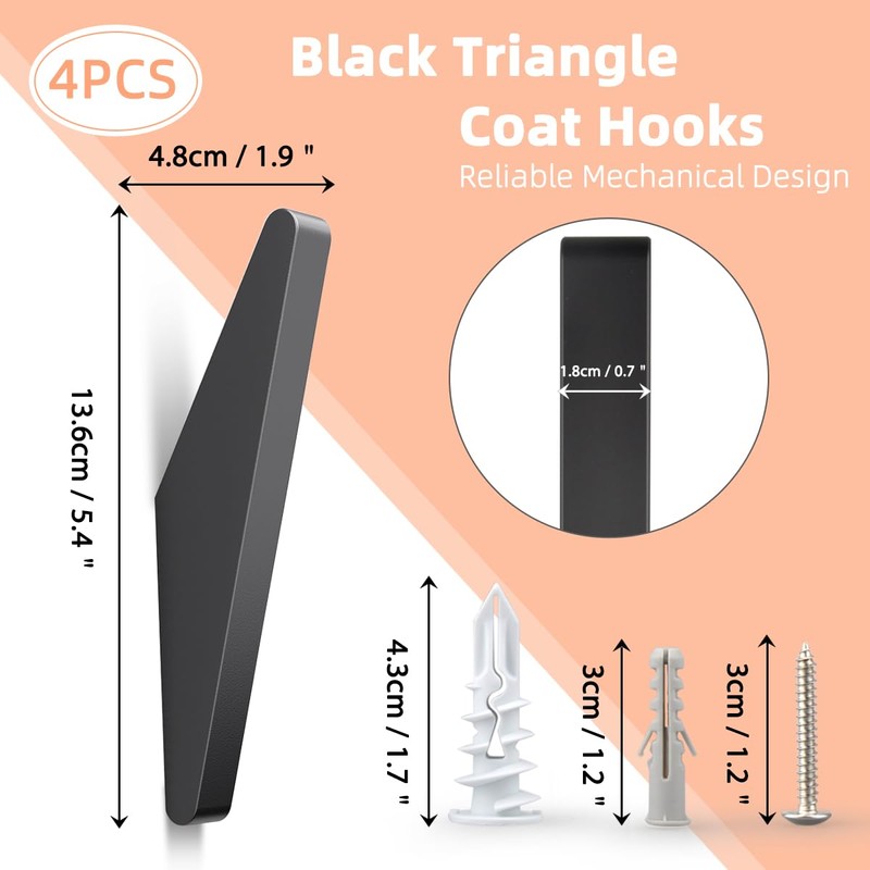 GUWINA Metal Coat Hooks Wall Mounted Black, Solid Triangle Shape,