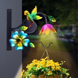 Lewondr Plant Hangers with Solar Light,9 Inch Metal Hanging Plant Bracket Outside,Hummingbird Plant Wall Hook Solar Lights Outdoor for Wall,Flower Basket,Bird Feeder,Lantern,Wind Chime,2 Pack