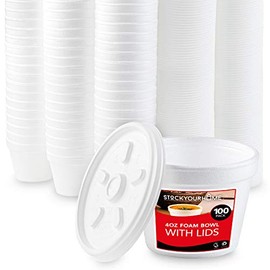 Stock Your Home 4 Ounce Foam Bowls with Lids (100 Count) - Styrofoam Bowls with Lids - Insulated to Go Foam Cups - to Go Containers for Soup, Oatmeal, Ice Cream, Delis, Cafes, Restaurants