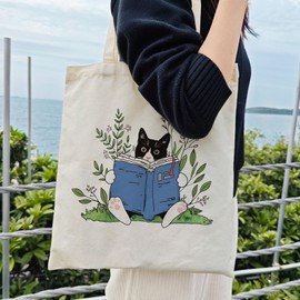 Dlzdn Cat Tote Bag Aesthetic Cute Tuxedo Cat Book Reusable Shopping Grocery Bag Beach Bag Birthday Christmas Gifts for Women Teacher