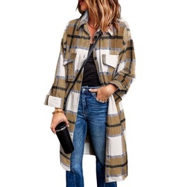 PRETTYGARDEN Womens Plaid Shacket Jacket 2025 Fashion Long Sleeve Button Down Shirts Fall Outfits Winter Coats (Khaki,Small)