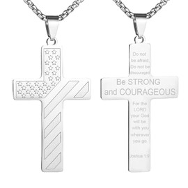SAELACY American Flag Cross Necklace for Men with Bible Verse Joshua 1:9 Black Silver Tone Stainless Steel Christian Pendant Necklace Box Chain (Joshua 1:9, white, chain length:18")