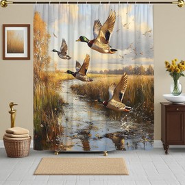 Mallard Duck Shower Curtain Flying Ducks Wildlife Scene Hunting Country Lake Design Brown Nature Scenery Modern Cute Animals Natural Wildlife Nature Scene Polyester Fabric Bathroom Decorative Curtain
