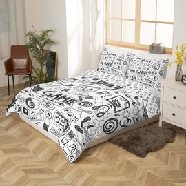 Gamer Comforter Cover Set, Boys’ Gaming Duvet Cover, Video Games, Games Room Decor, Soft, Reversible Hip Hop Graffiti Bedding Sets for Children, Gamepad, Cartoon Racing Car, 135 x 200 cm