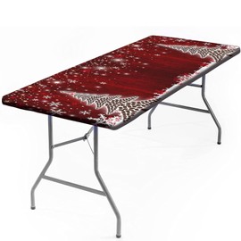 Grstplnk Christmas Elastic Fitted Tablecloth, Merry Christmas Wooden Tree Rectangle Table Cover for 6ft Folding Table, Waterproof Wipeable Table Cloth for Outdoor Picnic Camping Parties, Red White
