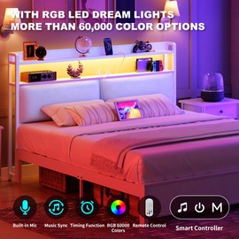Herture Headboard for Queen Size Bed Frame, Headboards with Outlets, USB Ports and 60,000 DIY Color LED Light, Upholstered Head Board with Storage, Height Adjustable, White BT02CRW