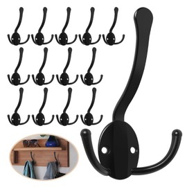 Homanu 14 Pack Coat Hooks Heavy Duty, Metal Three Prongs Large Coat Hooks Wall Mounted with 28 Screws, No Rust Black Rustic Wall Hooks for Hanging Towel, Coat, Scarf, Bag, Hat, Cup, Key