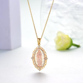 Hantuorui Virgin Mary Necklace Sterling Silver 10K Gold Plated Mother Mary Necklace Catholic Jewelry for Women Religious Medal Protection Amulet