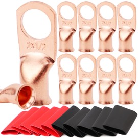 TKDMR 10pcs 2 AWG-1/2" Battery Lugs,with 10pcs 3:1 Heat Shrink Tubing,Battery Cable Ends,Heavy Duty Copper Wire Lugs,Tubular Ring Terminals,AWG Crimp Wire Ring Lugs,Battery Terminal Connectors