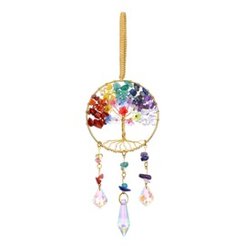 JOVIVI Chakra Crystals Tree of Life Suncatcher Hanging Ornaments Gifts for Women,Healing Crystal Gemstone Chakra Gifts,Sun Catchers for Windows Garden Wall Home Car Decor