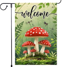 Welcome Spring Summer Mushrooms Garden Flag 12x18 inch Double-Sided Small Burlap Yard Outside Lawn Rustic Farmhouse Decorations