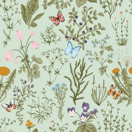 GP5032P6 Grace & Gardenia Wildflowers and Butterflies Premium Textured Paper Peel and Stick Wallpaper Panel Green / Blue / Pink 26 In W x 6 Ft High