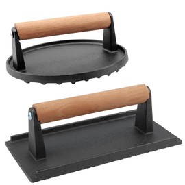 MOUYAT 2 Pack Cast Iron Grill Press, 6.8 Inch Round and 8 Inch Rectangle Heavy Grill Weight Bacon Griddle Press with Wooden Handle, Flat Cooking Weight Press Steak Weights for Bacon Burgers Meat BBQ