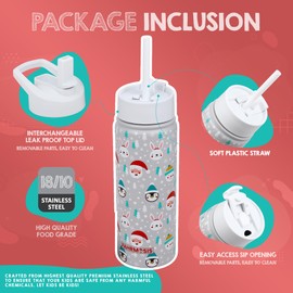 FAHRMOSIS 18 OZ Kids Water Bottle with Straw & 2 Lids (Flip & Spout) Leak Proof Metal Insulated Stainless Steel Reusable Tumbler for School & Sports Water Bottle - White (Winter)