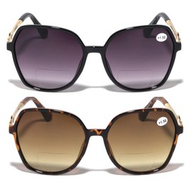 V.W.E. 2 Pairs Oversized Women Bifocal Reading Sunglasses Metal Temple Lion Head Gradient Lens 100UV (1 Black 1 Tortoise, 2.75)