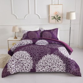 Koniroom Purple Comforter Set King Size, Floral Bedding Sets King with White Cute Flowers Printing for Women Teen Girls, Reversible All Season Comforter 3 Pieces with 2 Pillow Shams