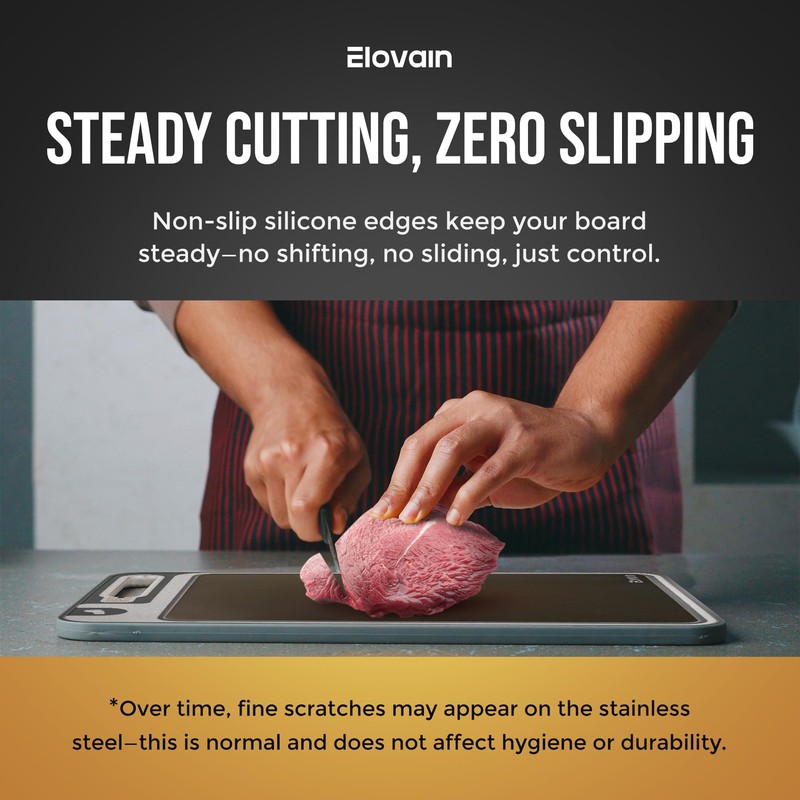 Elovain Dual-Sided Stainless Steel Cutting Board with Knife Sharpener –