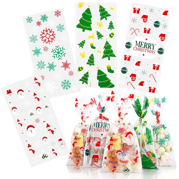 Kesote Christmas Cellophane Treat Bags, 100 Pieces Santa Xmas Snowflake Plastic Goodie Candy Treat Bags Bulk with Twist Ties for Chrismas Party Favor Supplies