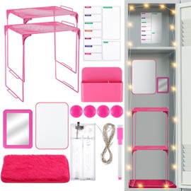 TaoBary 13 Pcs Pink Locker Organizer Kit Locker Accessories Includes Shelf Whiteboard Magnetic Mirror Storage Cup Dry Erase Rug Marker Light for Girls in Middle Back to School Decor