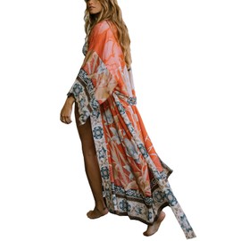 YouKD Damen Baumwoll Cardigan Bohemian Lang Kimono Beach Badeanzug Cover Up Kleid Plus Size Robe