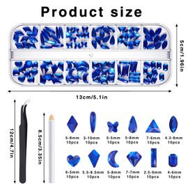 120 pcs Multi Shapes 3D Glass art rhinestones nail gems，Mix 12 Style Flat Back Crystals Charm Gem Stone，with Pickup Pen + Tweezer,for Nails Faces Eyes Body Clothes DIY Crafts Decoration(royal blue)