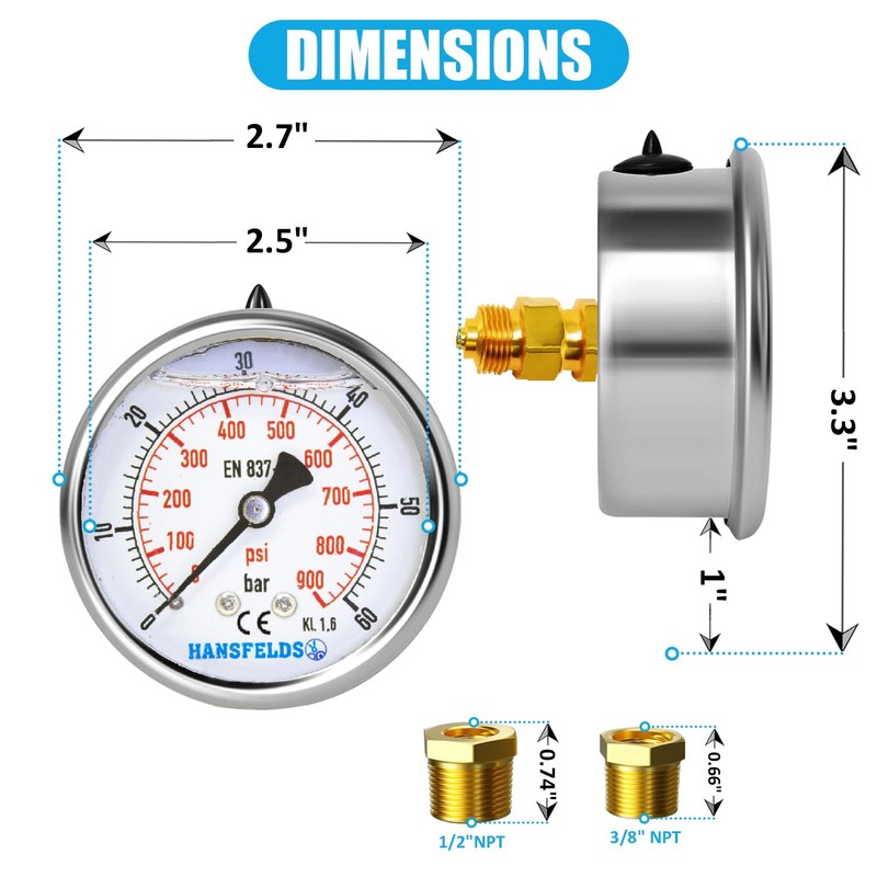 Hansfelds Pressure Gauge 0-60 Bar/PSI 63mm Dial Liquid Filled 1/4"