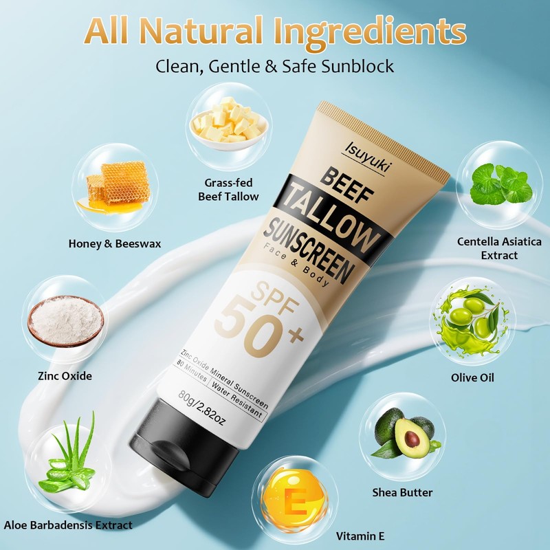 Mineral Sunscreen with Zinc Oxide SPF 50, Natural Beef Tallow