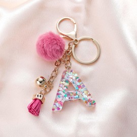 QUKE Alphabet Initial Letter Keychain for Women Resin Keyring Purse School Bag With Deep Pink Fur Ball Pom - A