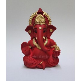 Gold Art India Mukut Ganesha Idol for Car Dashboard Maroon Red and Gold Small Ganesha Murti Ganpati Idol for Home Decor Puja Lord Ganesh Statue Gift for Office Desk Puja Room Figurine