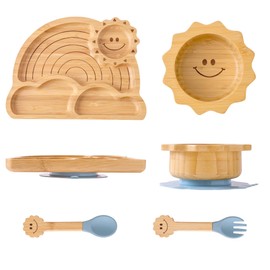 Bamboo Suction Plates Bowls Set for Baby Toddler - Includes Bamboo Bowl, Divided Plate, Silicone Fork & Spoon, All-Natural Baby Feeding Set for Baby-Led Weaning