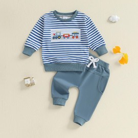 Geagodelia Toddler Baby Boy Fall Winter Outfit Clothes Embroidered Tractor Striped Sweatshirt Jumper Top Trouser Jogger Clothing Set (Blue, 3-6 Months)