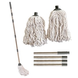 LS Long Cotton Floor Mop with Extra Replacement Mop Head and 3 Piece 110cm Long Stainless Steel Handle Lightweight Mops for Cleaning Floors Home Lobby Kitchen Office