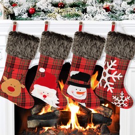 Aitbay Christmas Stockings, 4 Pack 18" Big Xmas Stockings, Burlap Plaid Style with Penguin Santa Snowman Reindeer and Plush Faux Fur Cuff Family Pack Stockings for Xmas Holiday Party Decor
