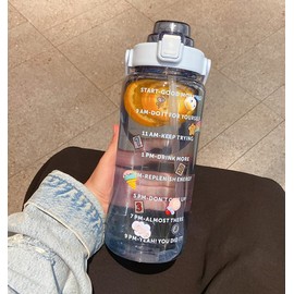 Large Kawaii Clear Gallon Water Bottle with Time Marker and Straw 70oz Kawaii Water Bottle with and Resin Stickers Portable Giant Drinking Bottle for School Sports Yoga Spill Proof Water Jug (Blue)