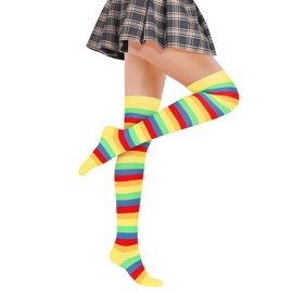 Benefeet Sox Yellow Rainbow Striped Thigh High Socks for Women Cute Colorful Pride Knee High Socks for Teen Girls Womens Over The Knee Sock Pink Long Tube Cotton Sock Cosplay Thigh Highs Stockings