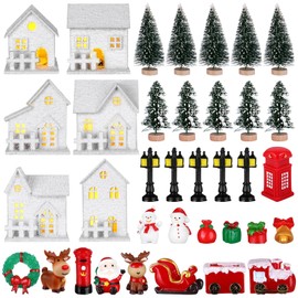 36 PSC Christmas Village Sets White Christmas Village Houses LED Lighted Christmas Village Christmas Miniature Figurines Wooden House for Christmas Holiday Party Decor Desktop Ornaments