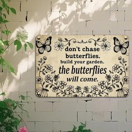 Seeyoo Butterfly Garden Tin Sign The Butterflies Will Come Metal Sign Gifts Decorations for Home Greenhouse Patio Living Room Bedroom Yard Backyard Outdoor Decor 8X12 Inch