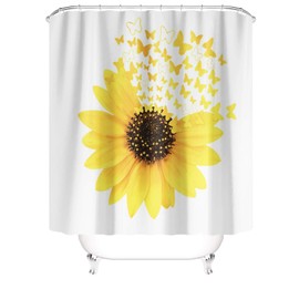 M&W DasDesign Shower Curtain Yellow Sunflower Plants Butterflies Bathroom Textile Curtain Leaves Anti-Mould Effect Washable Shower Curtain Bath Includes 12 C-Rings Weight Bottom 180 x 200 cm